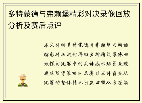 多特蒙德与弗赖堡精彩对决录像回放分析及赛后点评
