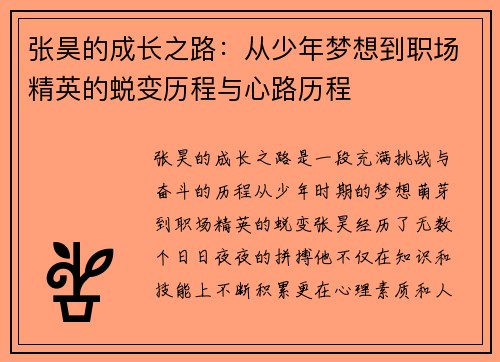 张昊的成长之路：从少年梦想到职场精英的蜕变历程与心路历程